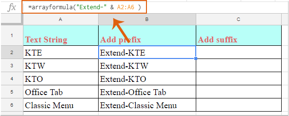 如何在Google表格的单元格值中添加前缀或后缀？, How To Add Prefix Or Suffix Into Cell Values In Google Sheets?