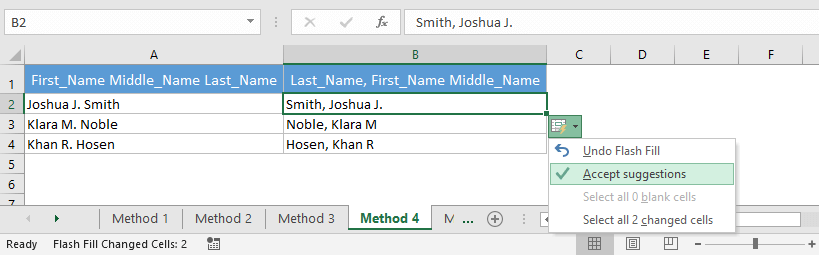 如何在Excel中用逗号切换姓氏和名字（5种简便方法）, Excel字符串交换, How to switch first and last name in Excel with comma (5 Easy Ways)